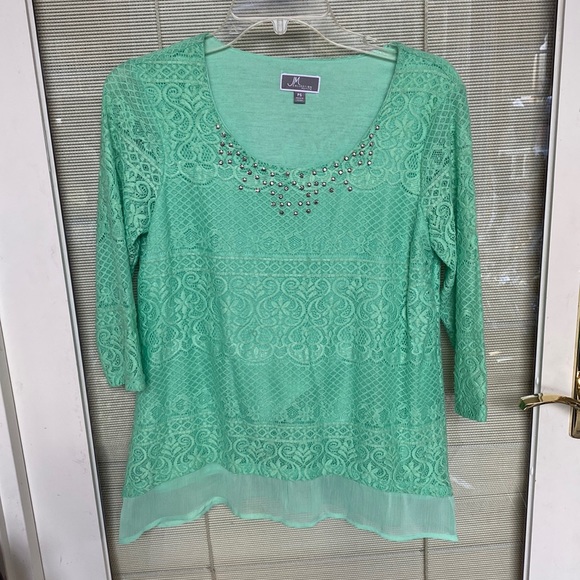 JM Collection Petite Size Petite Small Mint Green Top with Rhinestones - Picture 1 of 17